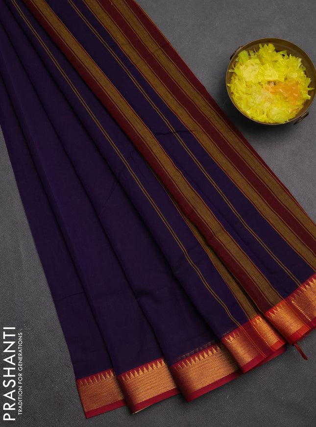 Narayanpet cotton saree violet and magenta pink with plain body and temple zari woven border