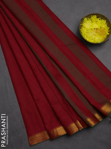 Narayanpet cotton saree red with plain body and temple zari woven border