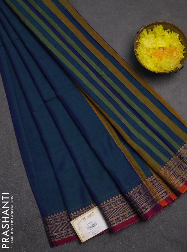 Narayanpet cotton saree dual shade of bluish green and pink with plain body and temple design thraed woven border