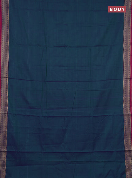 Narayanpet cotton saree dual shade of bluish green and pink with plain body and temple design thraed woven border