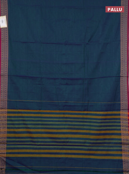 Narayanpet cotton saree dual shade of bluish green and pink with plain body and temple design thraed woven border