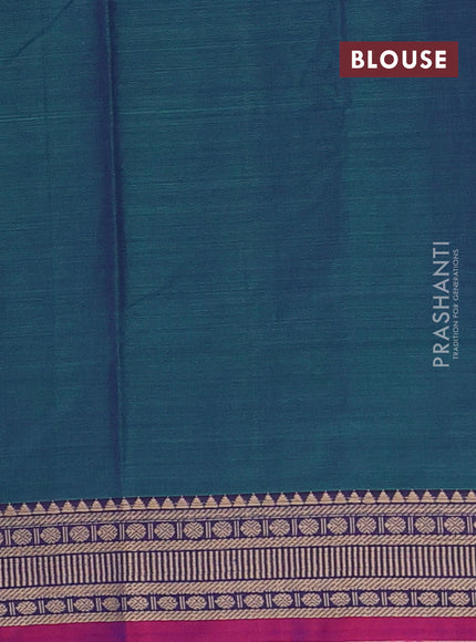 Narayanpet cotton saree dual shade of bluish green and pink with plain body and temple design thraed woven border