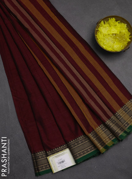 Narayanpet cotton saree deep maroon and green with plain body and temple design thraed woven border