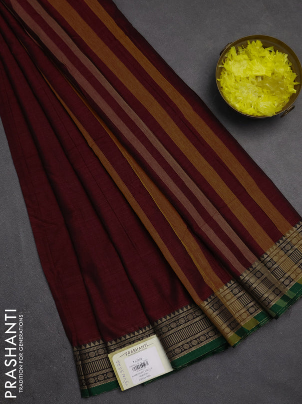 Narayanpet cotton saree deep maroon and green with plain body and temple design thraed woven border