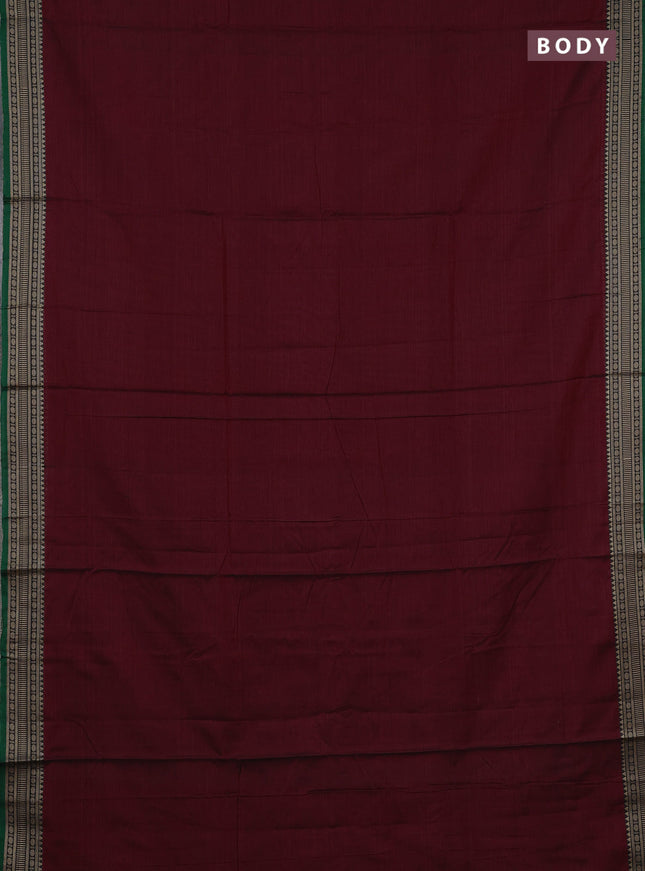 Narayanpet cotton saree deep maroon and green with plain body and temple design thraed woven border