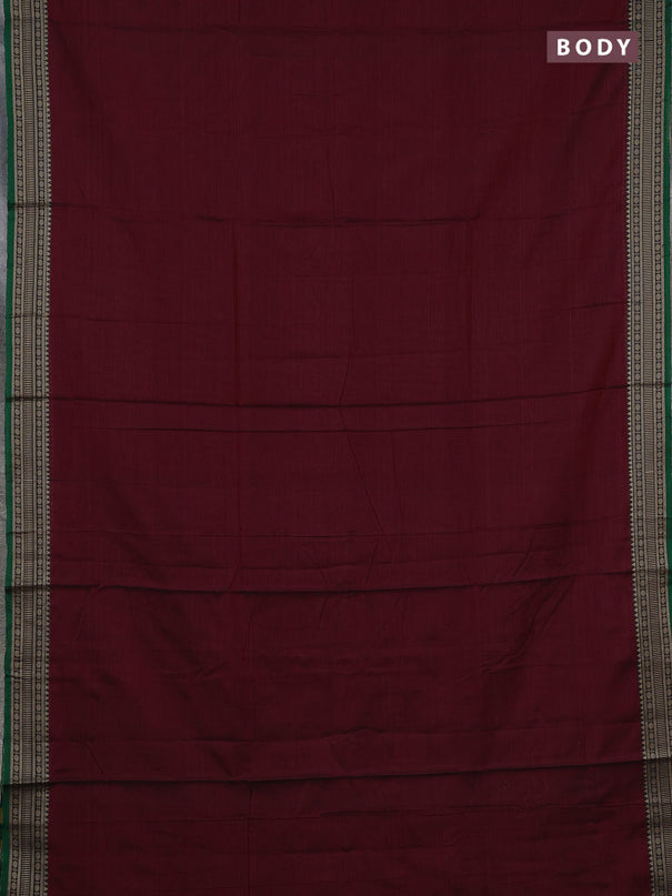Narayanpet cotton saree deep maroon and green with plain body and temple design thraed woven border
