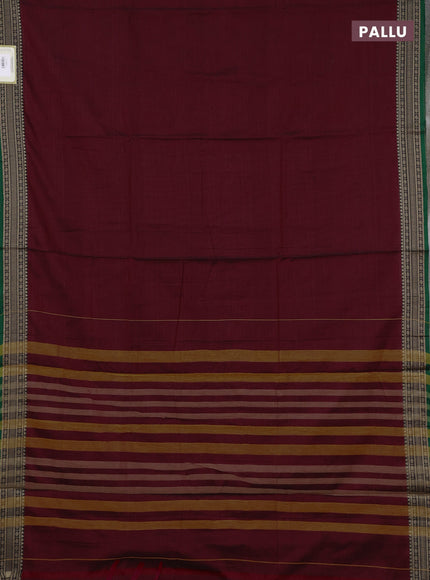Narayanpet cotton saree deep maroon and green with plain body and temple design thraed woven border
