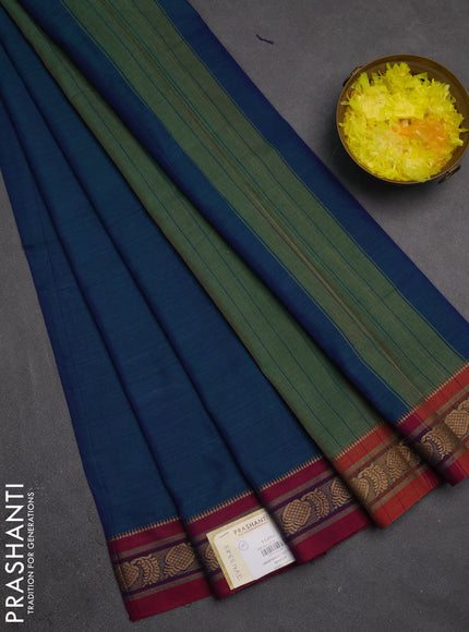 Narayanpet cotton saree dual shade of bluish green and magenta pink with plain body and temple design thraed woven border