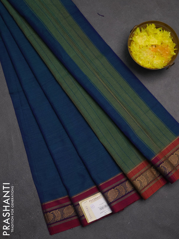 Narayanpet cotton saree dual shade of bluish green and magenta pink with plain body and temple design thraed woven border