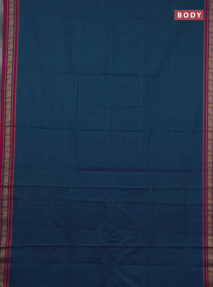 Narayanpet cotton saree dual shade of bluish green and magenta pink with plain body and temple design thraed woven border