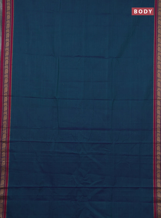 Narayanpet cotton saree dual shade of bluish green and magenta pink with plain body and temple design thraed woven border