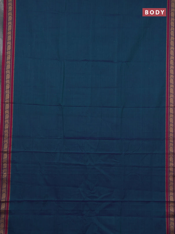 Narayanpet cotton saree dual shade of bluish green and magenta pink with plain body and temple design thraed woven border