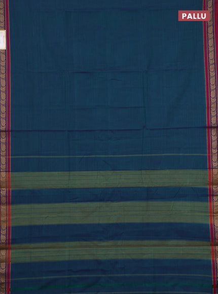 Narayanpet cotton saree dual shade of bluish green and magenta pink with plain body and temple design thraed woven border
