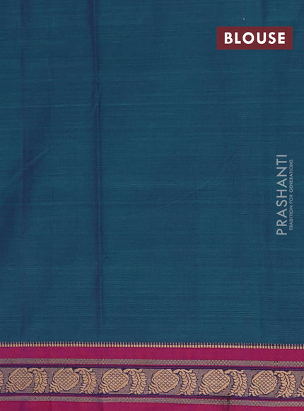 Narayanpet cotton saree dual shade of bluish green and magenta pink with plain body and temple design thraed woven border