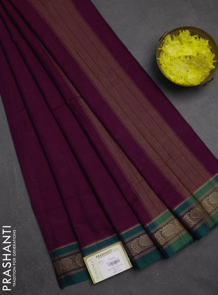Narayanpet cotton saree purple and green with plain body and temple design thraed woven border