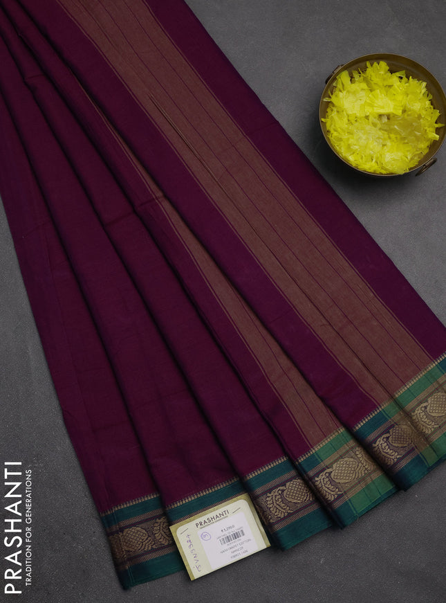 Narayanpet cotton saree purple and green with plain body and temple design thraed woven border