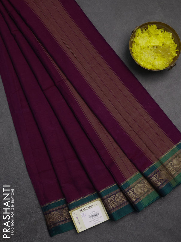 Narayanpet cotton saree purple and green with plain body and temple design thraed woven border