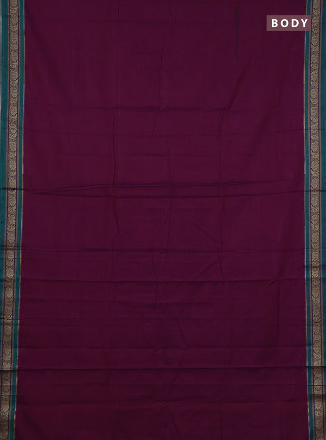 Narayanpet cotton saree purple and green with plain body and temple design thraed woven border