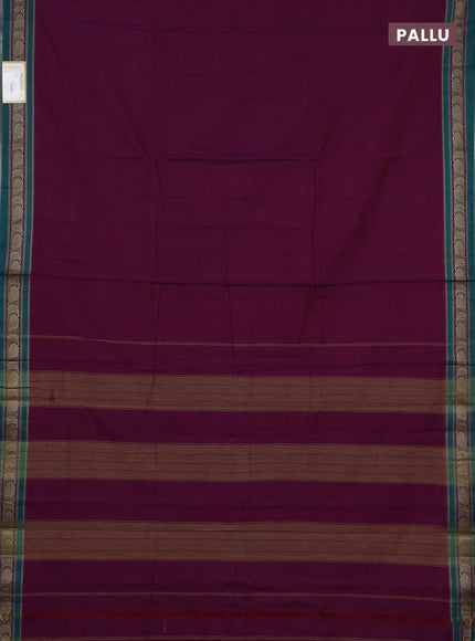 Narayanpet cotton saree purple and green with plain body and temple design thraed woven border