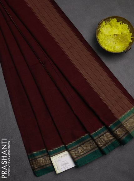 Narayanpet cotton saree deep maroon and green with plain body and temple design thraed woven border