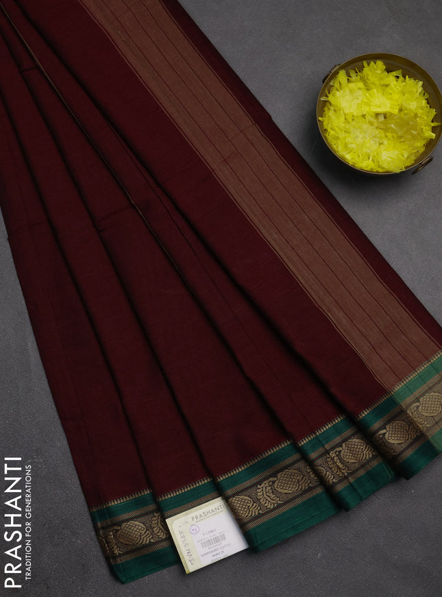 Narayanpet cotton saree deep maroon and green with plain body and temple design thraed woven border