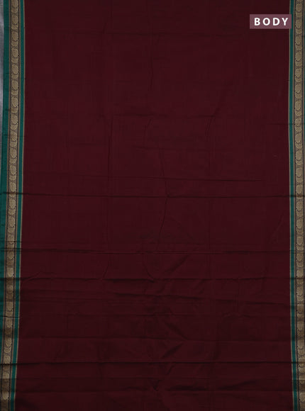 Narayanpet cotton saree deep maroon and green with plain body and temple design thraed woven border