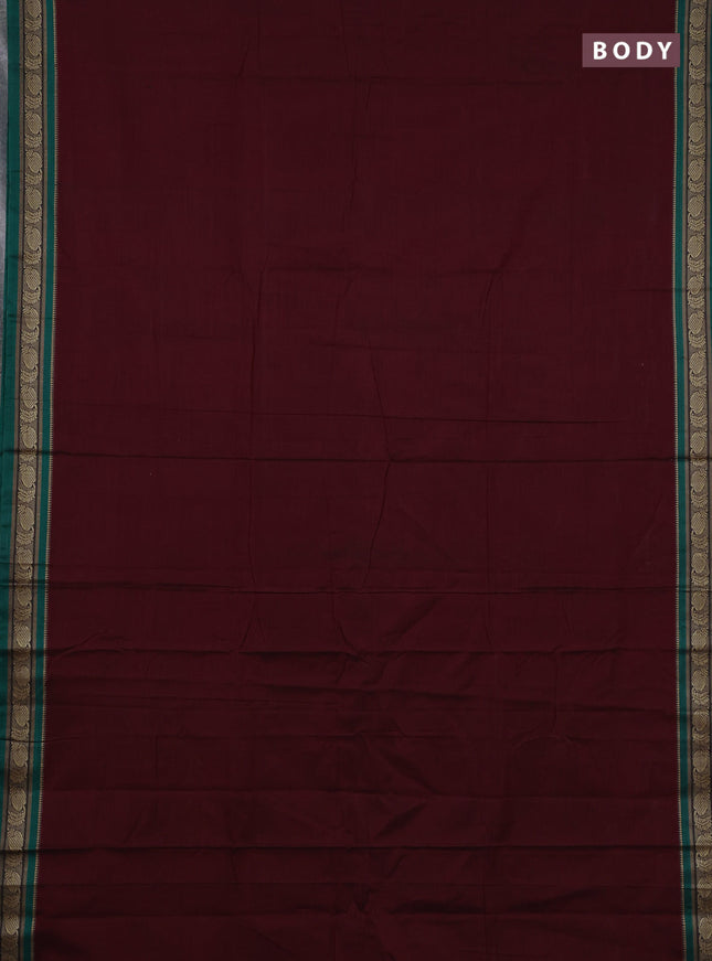 Narayanpet cotton saree deep maroon and green with plain body and temple design thraed woven border