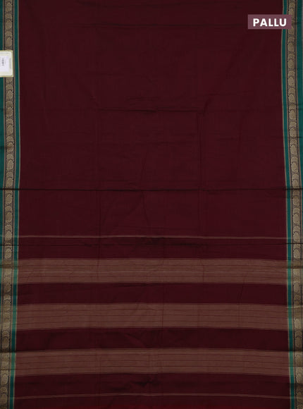 Narayanpet cotton saree deep maroon and green with plain body and temple design thraed woven border