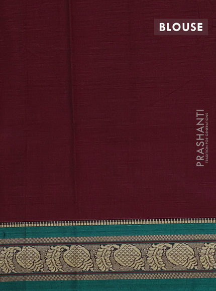 Narayanpet cotton saree deep maroon and green with plain body and temple design thraed woven border