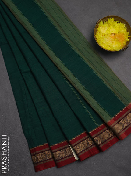 Narayanpet cotton saree bottle green and maroon with plain body and temple design thraed woven border