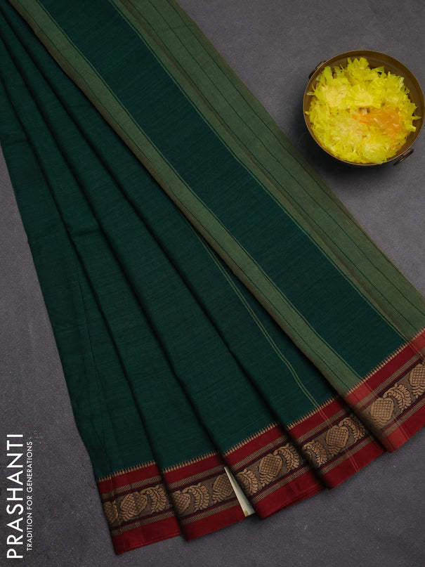 Narayanpet cotton saree bottle green and maroon with plain body and temple design thraed woven border