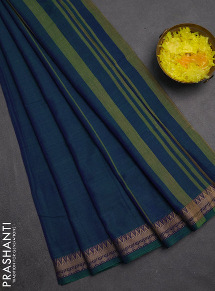 Narayanpet cotton saree dual shade of bluish green and green with plain body and temple design thraed woven border