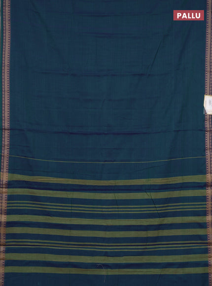 Narayanpet cotton saree dual shade of bluish green and green with plain body and temple design thraed woven border