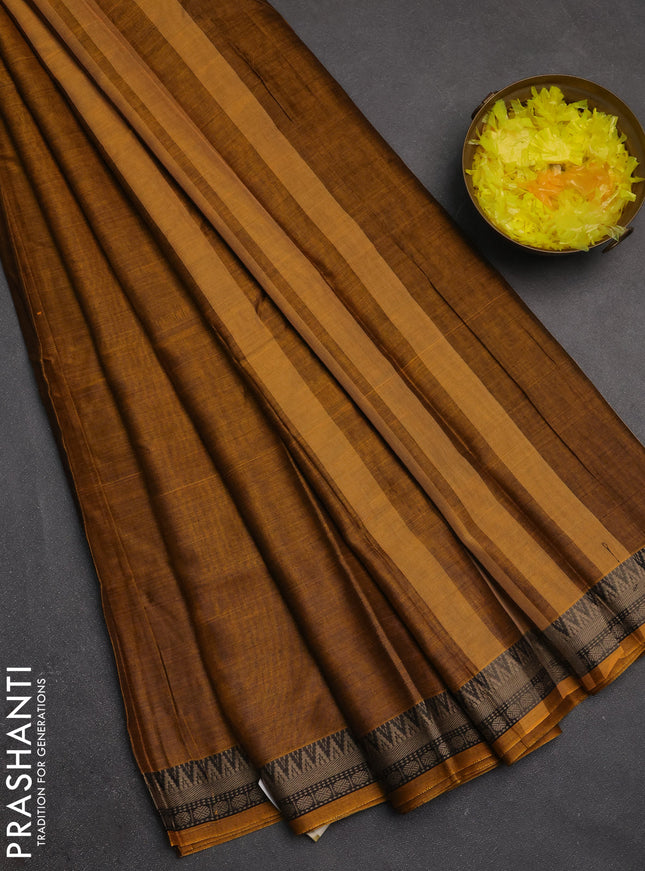 Narayanpet cotton saree mustard yellow and black with plain body and temple design thraed woven border