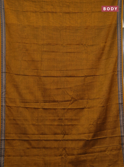 Narayanpet cotton saree mustard yellow and black with plain body and temple design thraed woven border