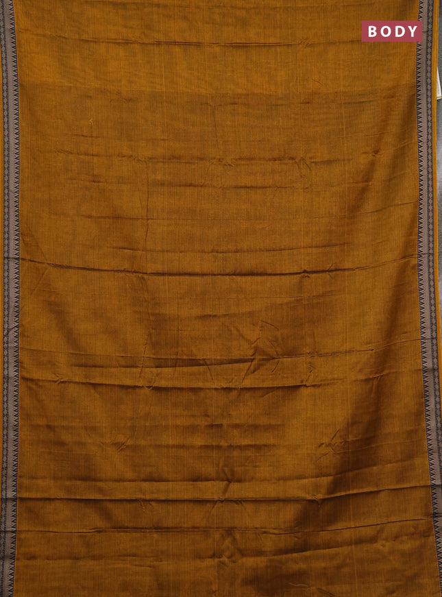 Narayanpet cotton saree mustard yellow and black with plain body and temple design thraed woven border