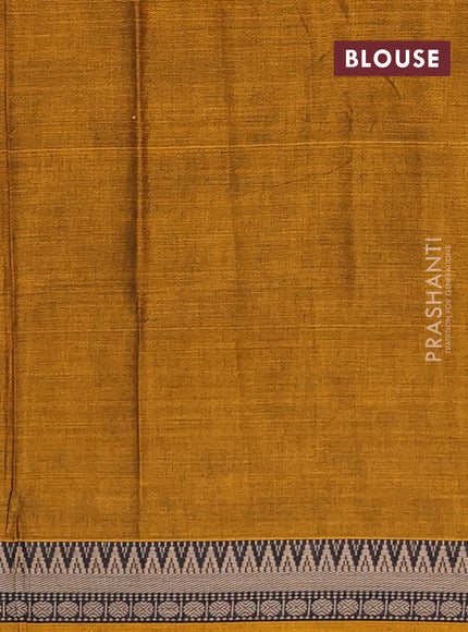 Narayanpet cotton saree mustard yellow and black with plain body and temple design thraed woven border