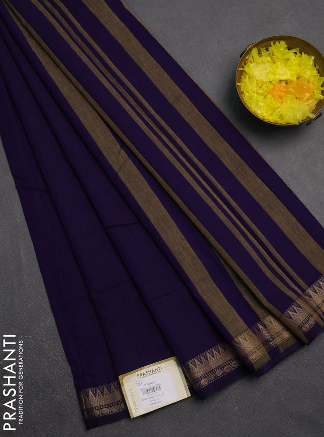Narayanpet cotton saree deep violet with plain body and temple design thraed woven border