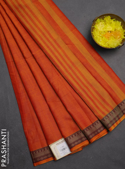 Narayanpet cotton saree orange and maroon with plain body and temple design thread woven border
