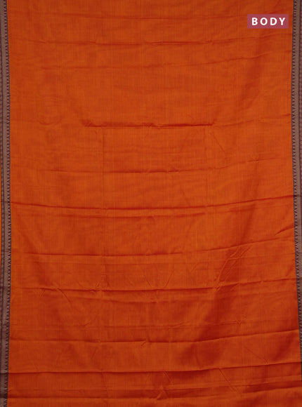 Narayanpet cotton saree orange and maroon with plain body and temple design thread woven border