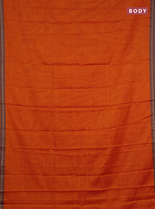 Narayanpet cotton saree orange and maroon with plain body and temple design thread woven border