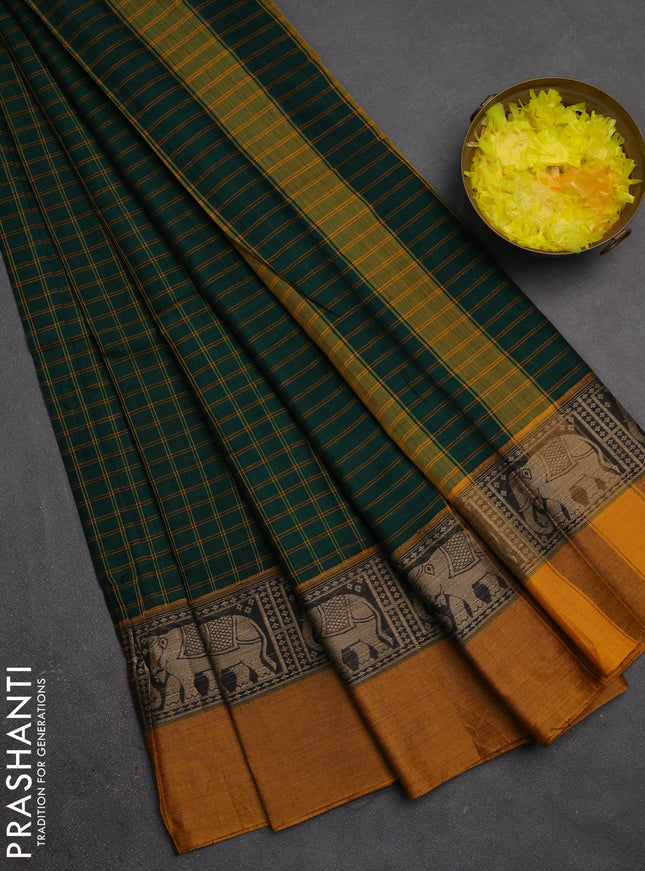 Narayanpet cotton saree bottle green and mustard yellow with allover checked pattern and elephant thread woven simple border