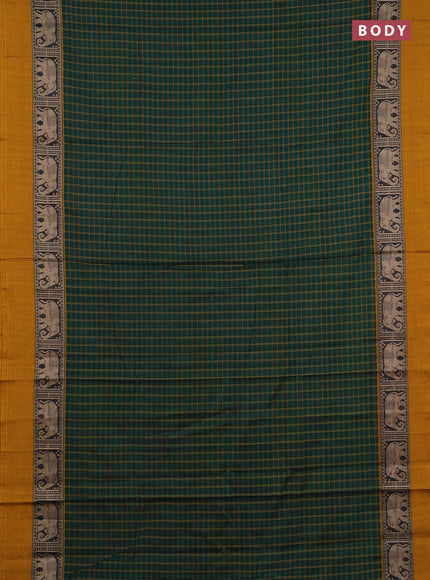 Narayanpet cotton saree bottle green and mustard yellow with allover checked pattern and elephant thread woven simple border
