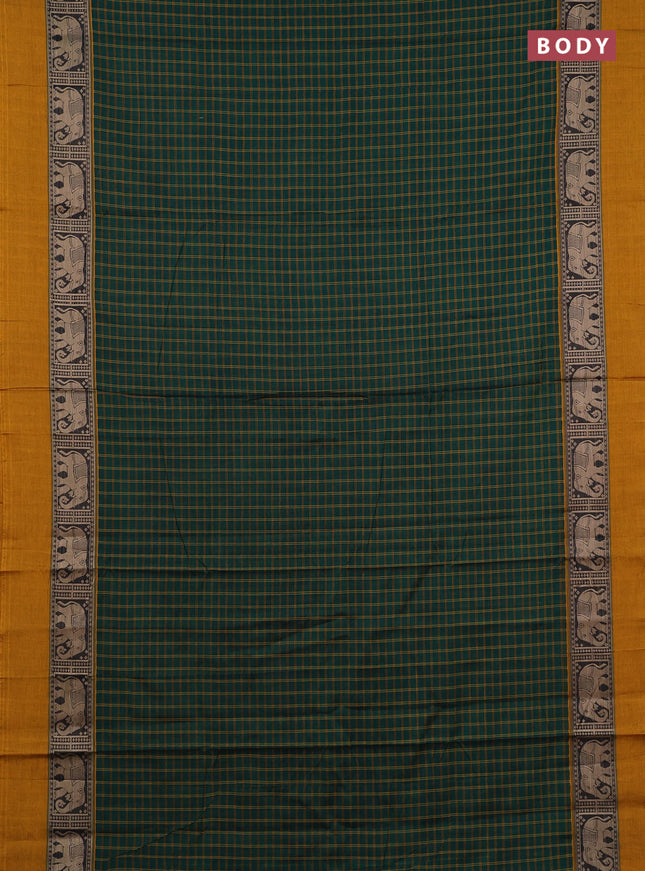 Narayanpet cotton saree bottle green and mustard yellow with allover checked pattern and elephant thread woven simple border