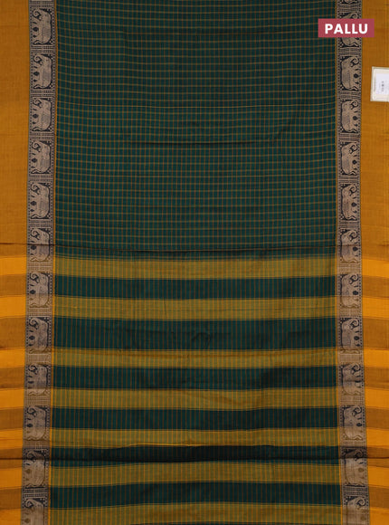Narayanpet cotton saree bottle green and mustard yellow with allover checked pattern and elephant thread woven simple border