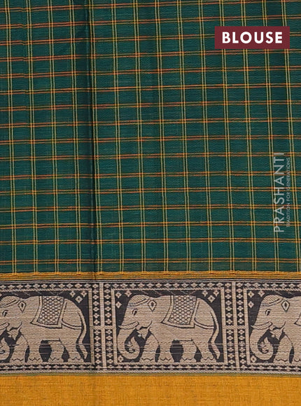 Narayanpet cotton saree bottle green and mustard yellow with allover checked pattern and elephant thread woven simple border