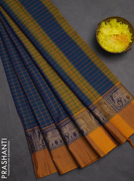 Narayanpet cotton saree peacock green and mustard yellow with allover checked pattern and elephant thread woven simple border