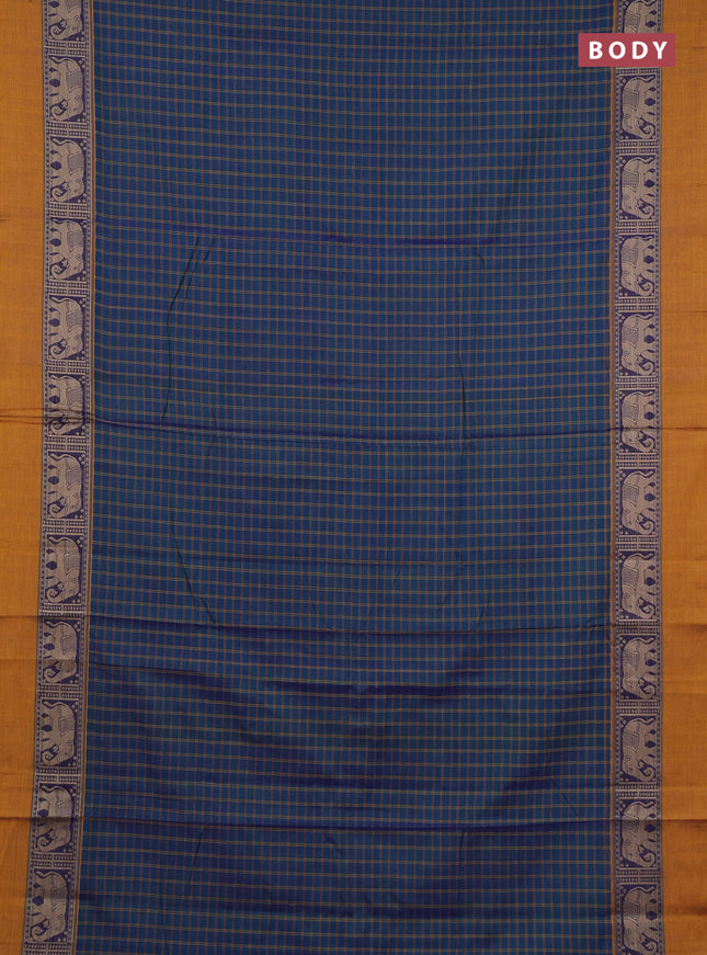 Narayanpet cotton saree peacock green and mustard yellow with allover checked pattern and elephant thread woven simple border