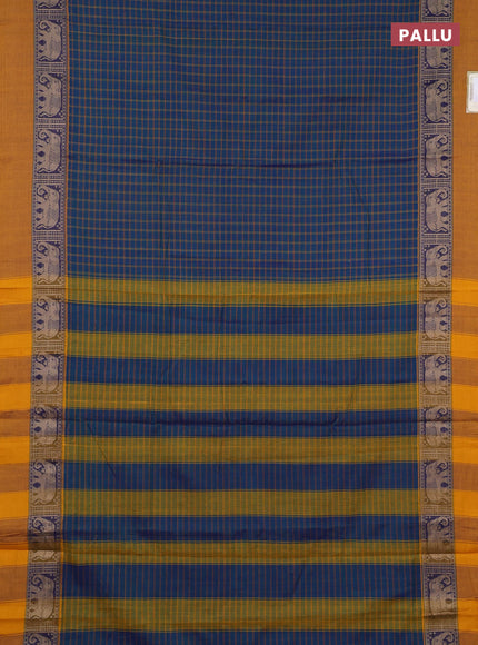 Narayanpet cotton saree peacock green and mustard yellow with allover checked pattern and elephant thread woven simple border