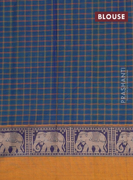 Narayanpet cotton saree peacock green and mustard yellow with allover checked pattern and elephant thread woven simple border